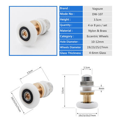19-27 MM Çap Sürgülü Cam Duş Kapı Donanım Silindirleri Naylon / Pirinç Malzeme Tedarikçi